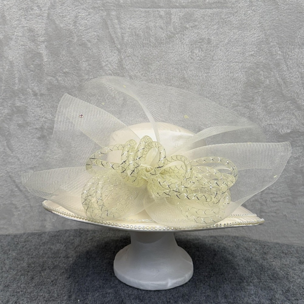 VTG Church Hat Womens Cream Satin Toile Wide Brim Bow Rhinestone‎ Derby Wedding